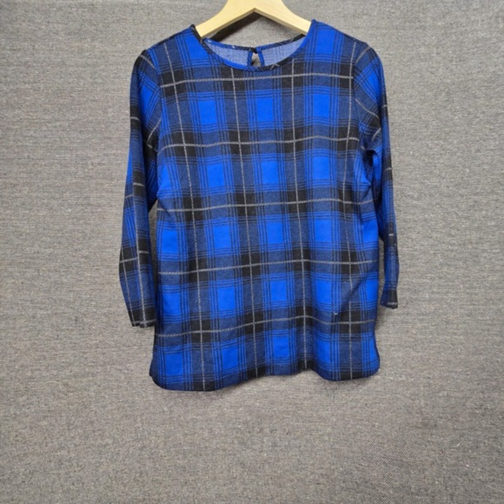 Blue Black Plaid Crew Neck Top 3/4 Sleeve Keyhole Back Blouse